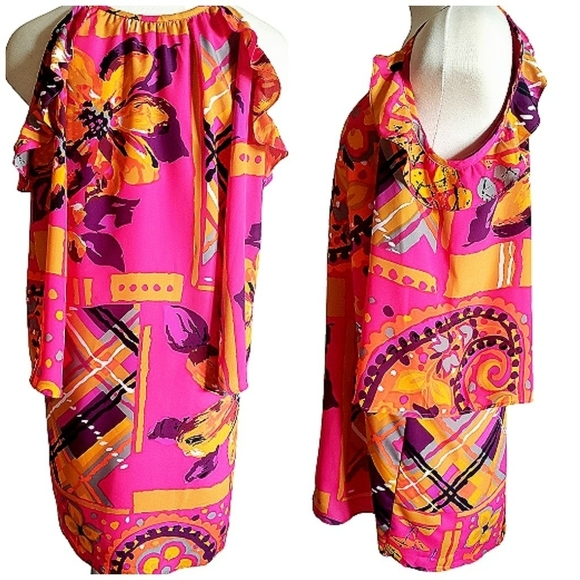 Boho Cold Shoulder Dress Baloon Sleeve Ruffled Floral Keyhole Womens Lined Sz XS - Picture 1 of 11